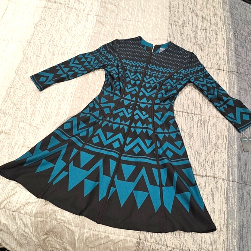 Geometric Print Teal & Black A-Line Long Sleeve Dress